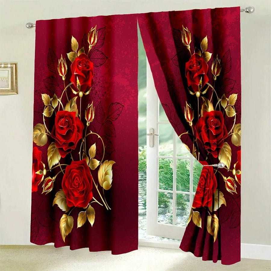 2PCS Romantic Rose Floral Printed Curtains For Valentine's Day. Rod Pocket Design With Soft Polyester Fabric, Semi-Sheer For Privacy. Elegant Prints Of Pink Roses And Butterflies, Perfect For Living Room, Bedroom, Kitchen And Cafes.