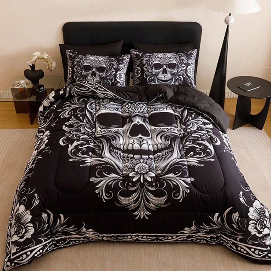3PCS Black Gray Design Skull Victorian Baroque Gothic Return To The Ancients Intensification Quilt Set (1 Comforter +2 Pillowcases Without Pillow Core), Contains Padding 180gsm Quilting Soft Ventilate Digital Printing Bedroom Dormitory At Home