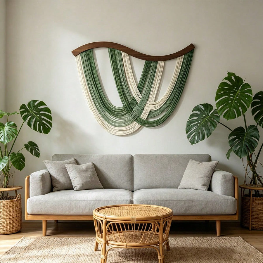 Macrame Wall Hanging Dip Dyed Handmade Woven Tapestry Boho Wall Decor Sage Green Neutral Modern Bohemian Walls Art Decorations For Headboard Bedroom Living Room Fireplace, 31.5 X 23.6''
