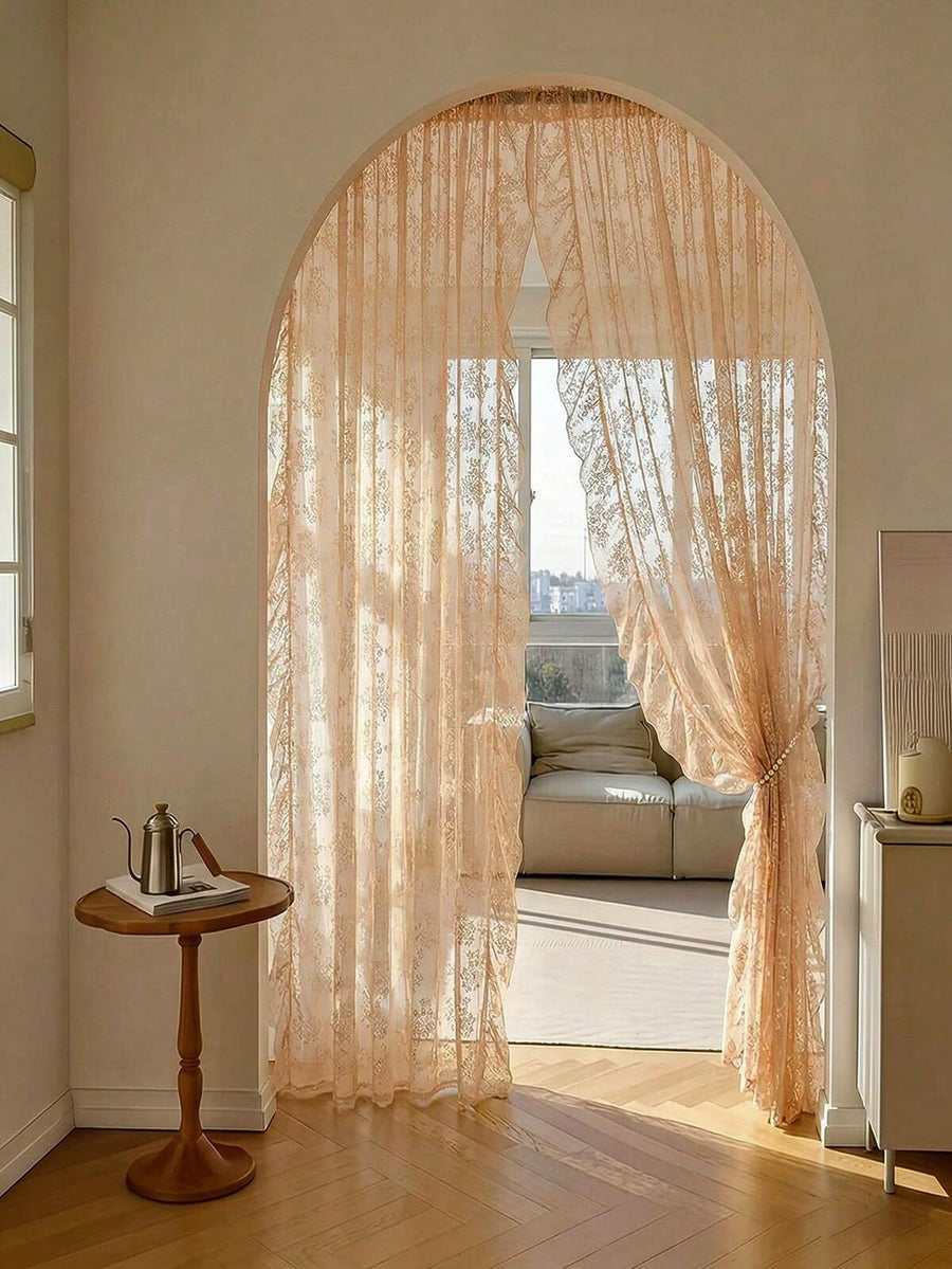 1pc French Country Style Floral Lace Trim Curtain Sheer For Living Room, Bedroom, Dining Room Decor